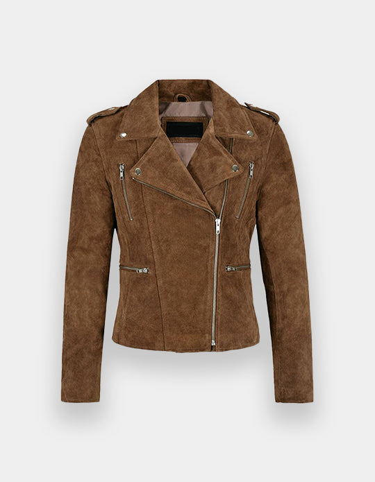 Women's Biker Leather Jacket Dark Brown Suede Classic Fashion Casual Jacket, Chaqueta de ante en marrón oscuro